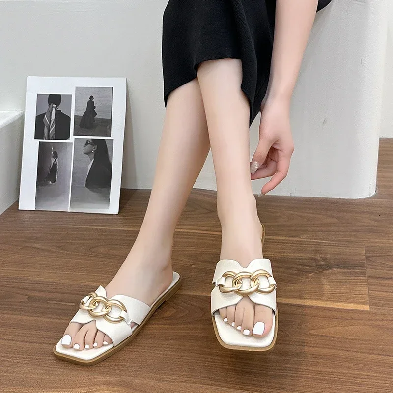 New Summer Pointed Toe Comfortable Casual Flat Shoes Metal Decoration Elegant Shallow Mouth Breathable Women's SlippersNO:332-1