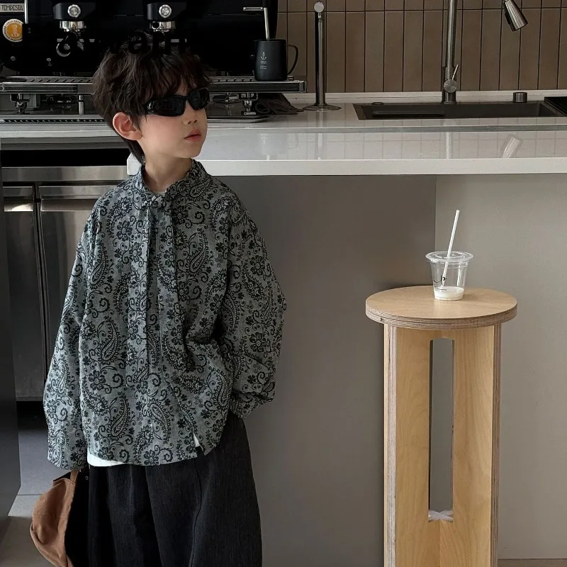 

Korean Style Boys Shirts 2025 New Spring Autumn Child Retro Trendy Long Sleeve Single Breasted Blouse Casual Kids Clothes H5065