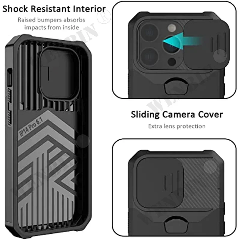 Capa de proteção resistente com tampa deslizante e clipe de cartão, iPhone 16 15 14 13 12 Pro Max 8 7 Plus Mini SE