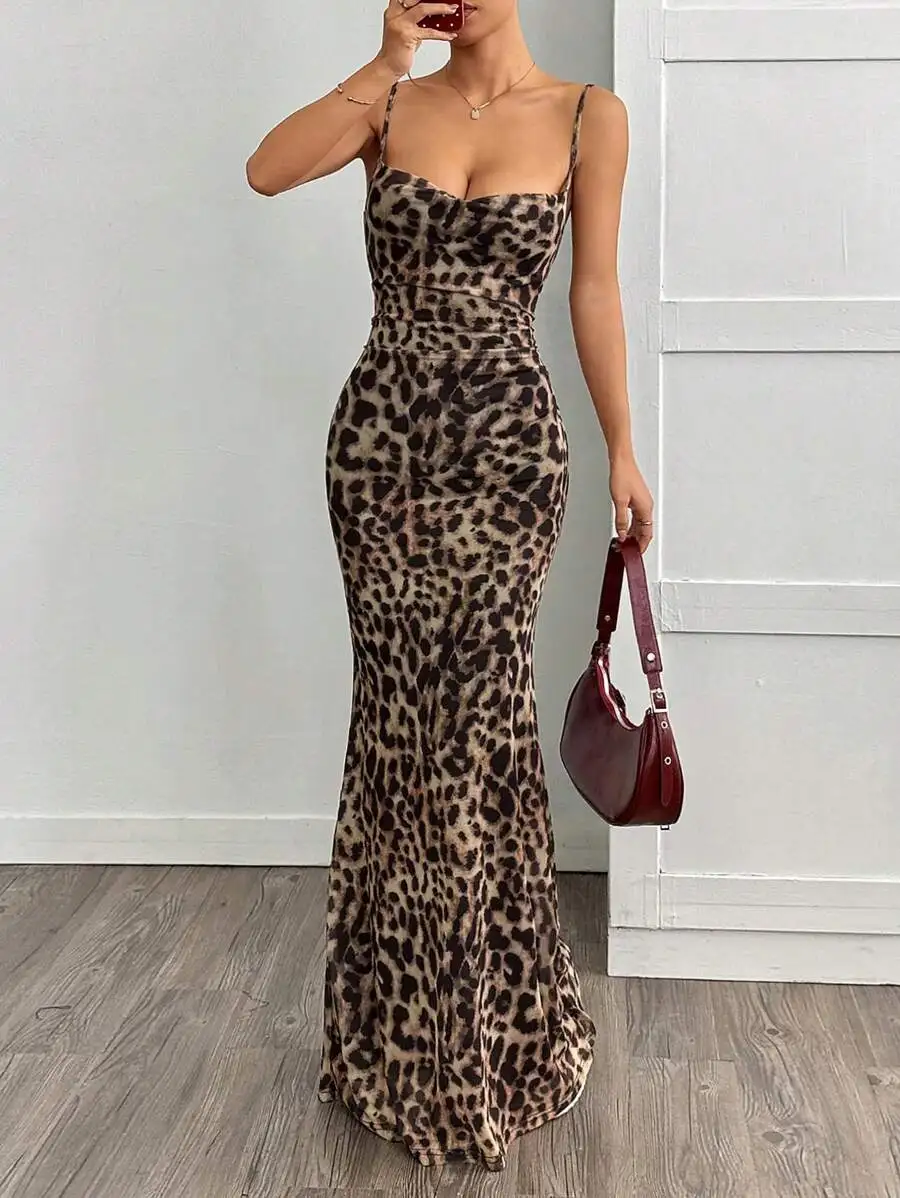 

Женское платье макси с леопардовым принтом и тонкими бретелями, облегающее, летнее, повседневное