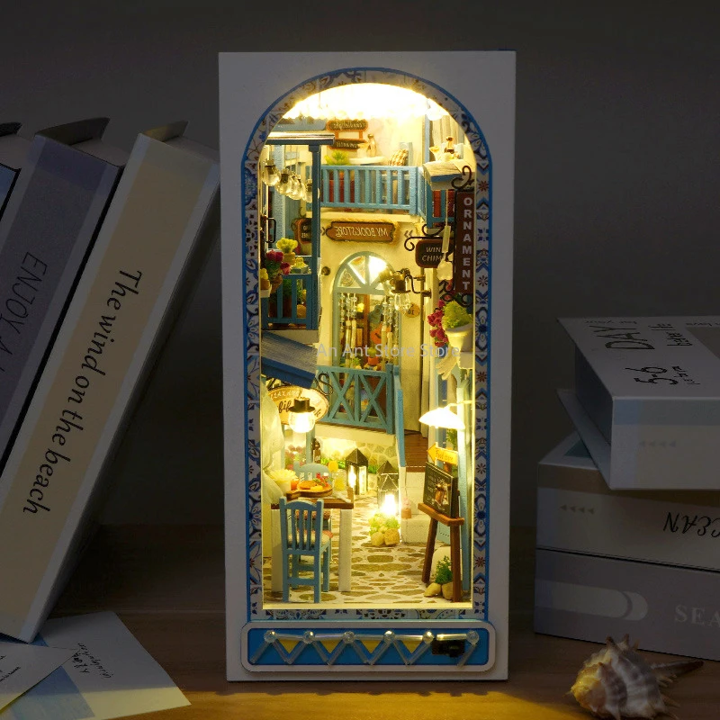 DIY Book Nook Shelf Insert Kit Eternal Bookstore Dollhouse with Light Miniature House Wooden Toys Model for Adult Gifts