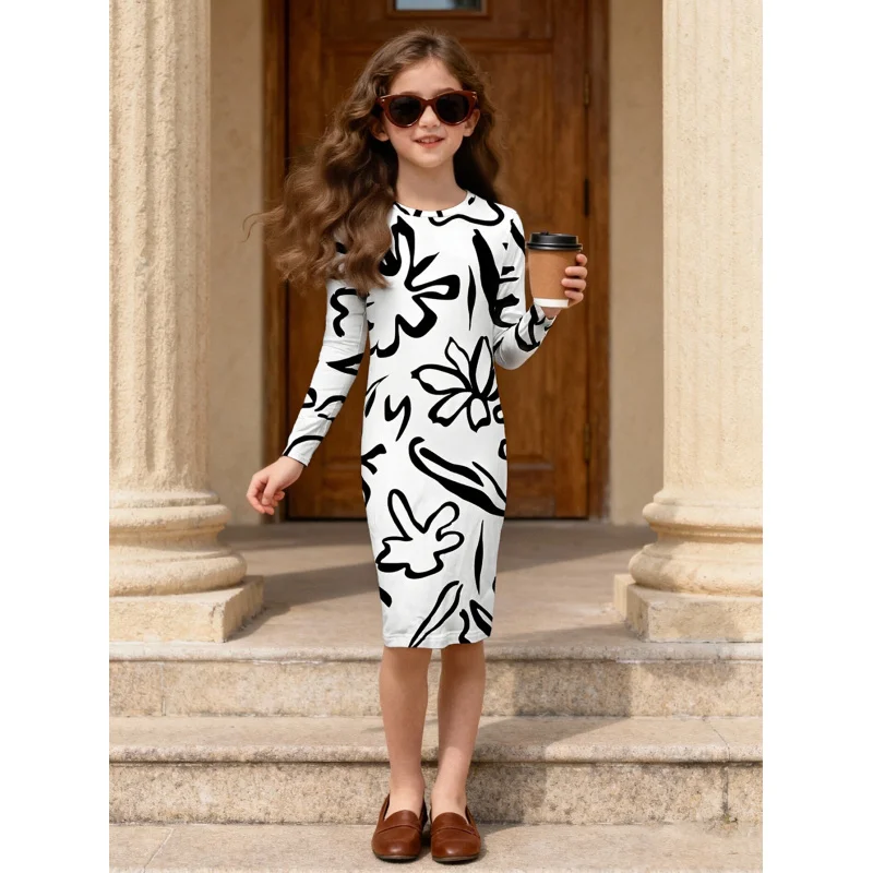 

Girls' Black and White Abstract Floral Print Long Sleeve Dress Slim-Fit Mid-Length Artistic Skirt Fashionable Kids Clothing