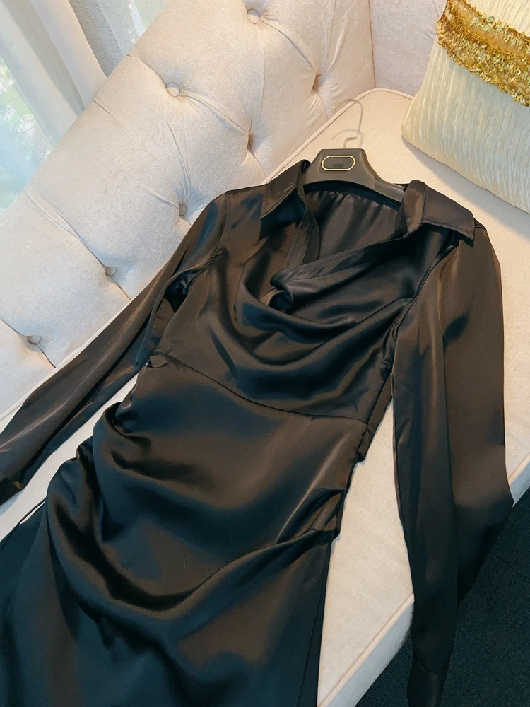 Ele Bla Satin de soie irt Dr avec plis couchants à la taille longue Sve taille haute V-ne A-line Silhouette pour femme