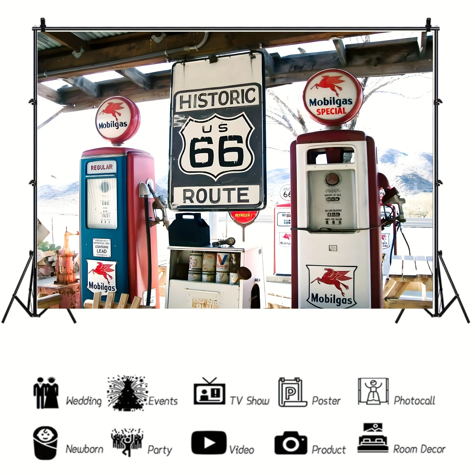 Vintage Route 66 Gas Station photo background - ideal for themed party decorations