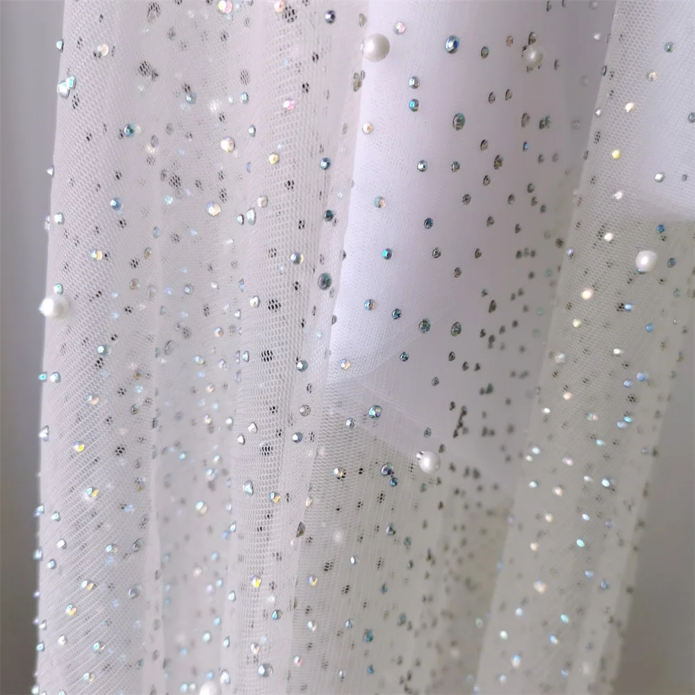 Hot Drilling Shiny Rhinestone Fabric per Meter Tulle Mesh Lace Fabric Bride Wedding Dress 8Color Can Choose 1Yard NEW