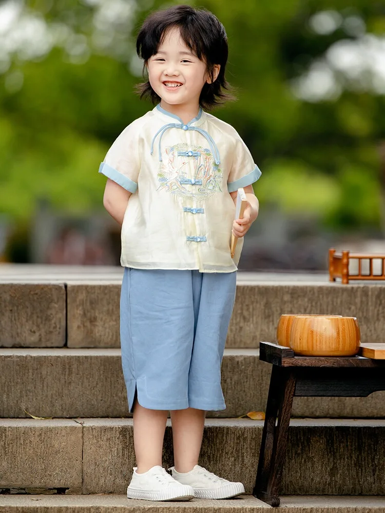 بدلة أطفال بأكمام قصيرة باللون الأزرق والأخضر ، زي تانغ الأصلي ، زي قديم ، صيفي ، جديد ،