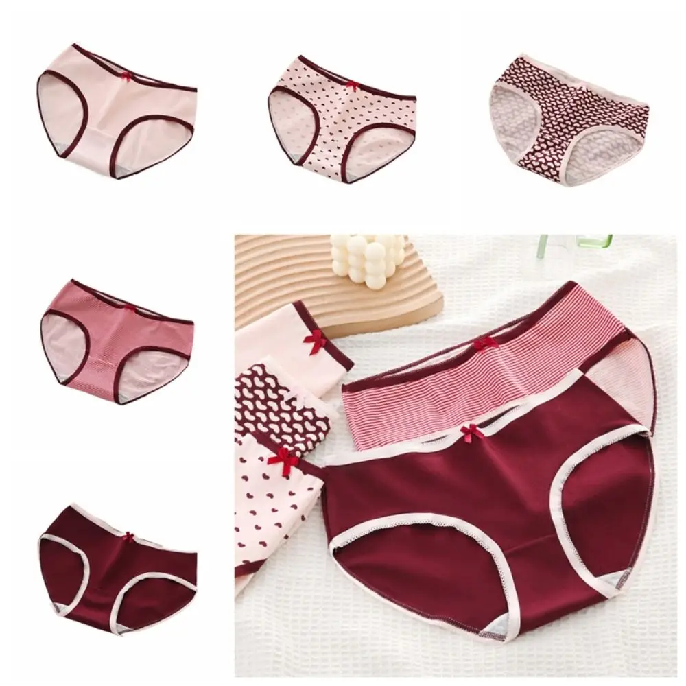

5PCS Sweet Stripes Love Heart Panties Bowknot Low Waist Strawberry Briefs Underpants Women Underwear Girls