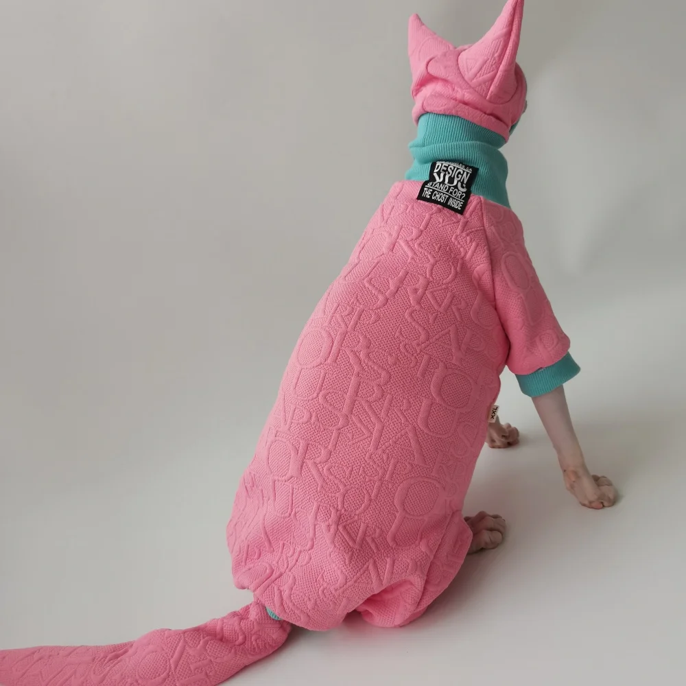 Sweet Spring Elegant Pink Suit for Sphynx Cat 4-legged Coat Hat Tail Cover Sweatshirt Set for Female Cats Jumpsuit for Devon Rex