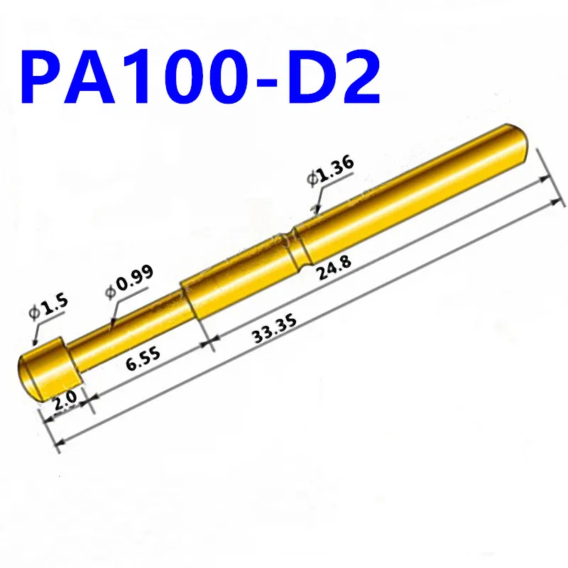 100PCS Gold-plated Spring Test Pin PA100-D2 Big Round Head Outer Diameter 1.36mm Needle Length 33.35mm for Testing