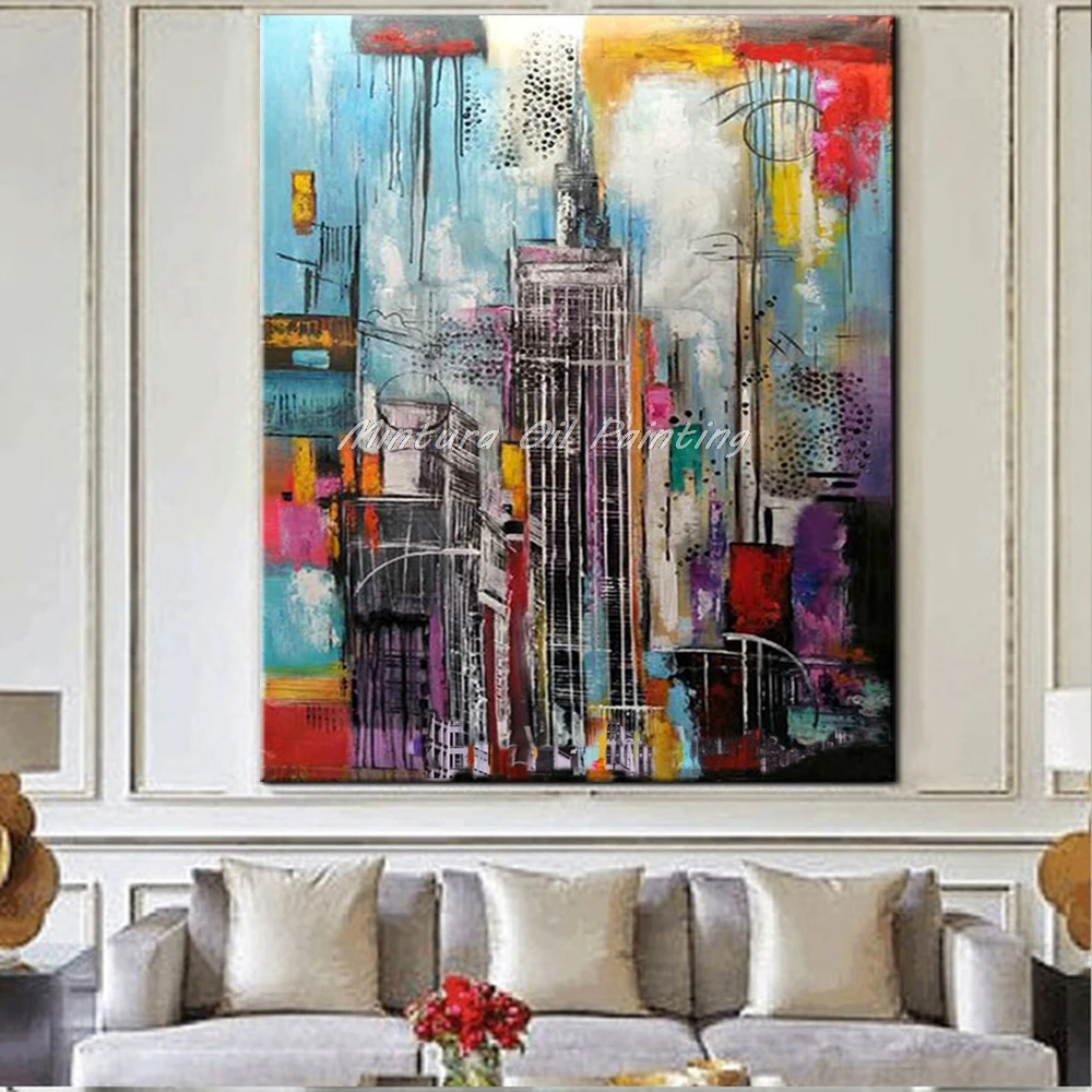 

Mintura Art,Hand-Painted Modern Abstract Oil Paintings On Canvas,Tall Building Art Picture Wall Art For Living Room Hotel Decor