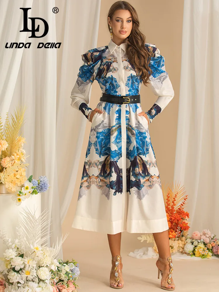 LD LINDA DELLA Nuovo stile Autunno Casual Holiday Dress Manica lunga monopetto da donna Abiti eleganti con stampa con cintura