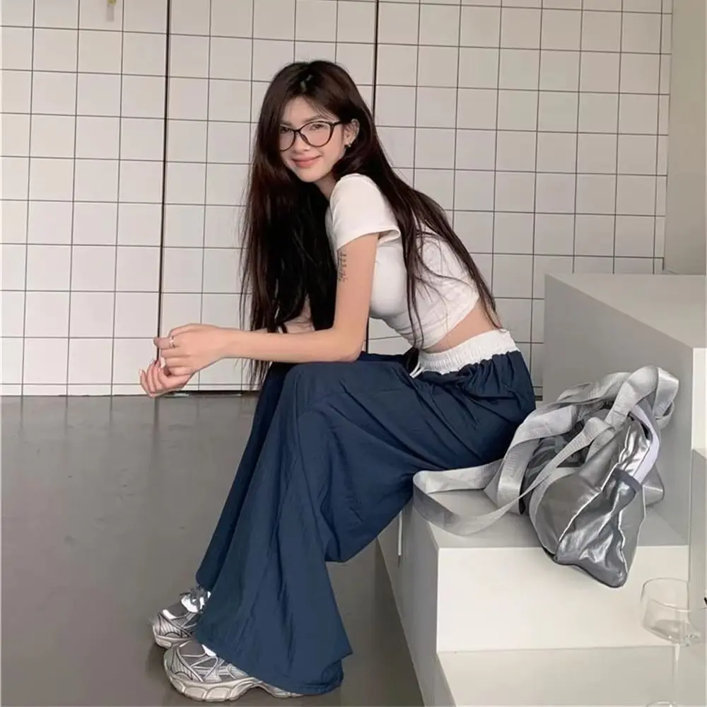 Navy Blue Wide Leg Pants Women Contrast Waist Drawstring Loose Trousers Summer Casual Breathable High Waist Pants for Daily Wear