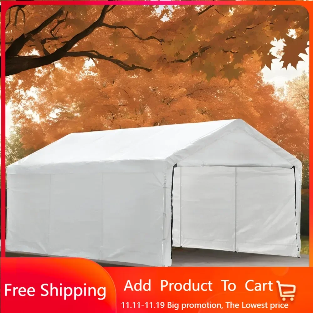 Duty Carport with Roll-Up Door & Removable Sidewalls, Portable Garage for All-Season Car Canopy in Reflective White 10x20