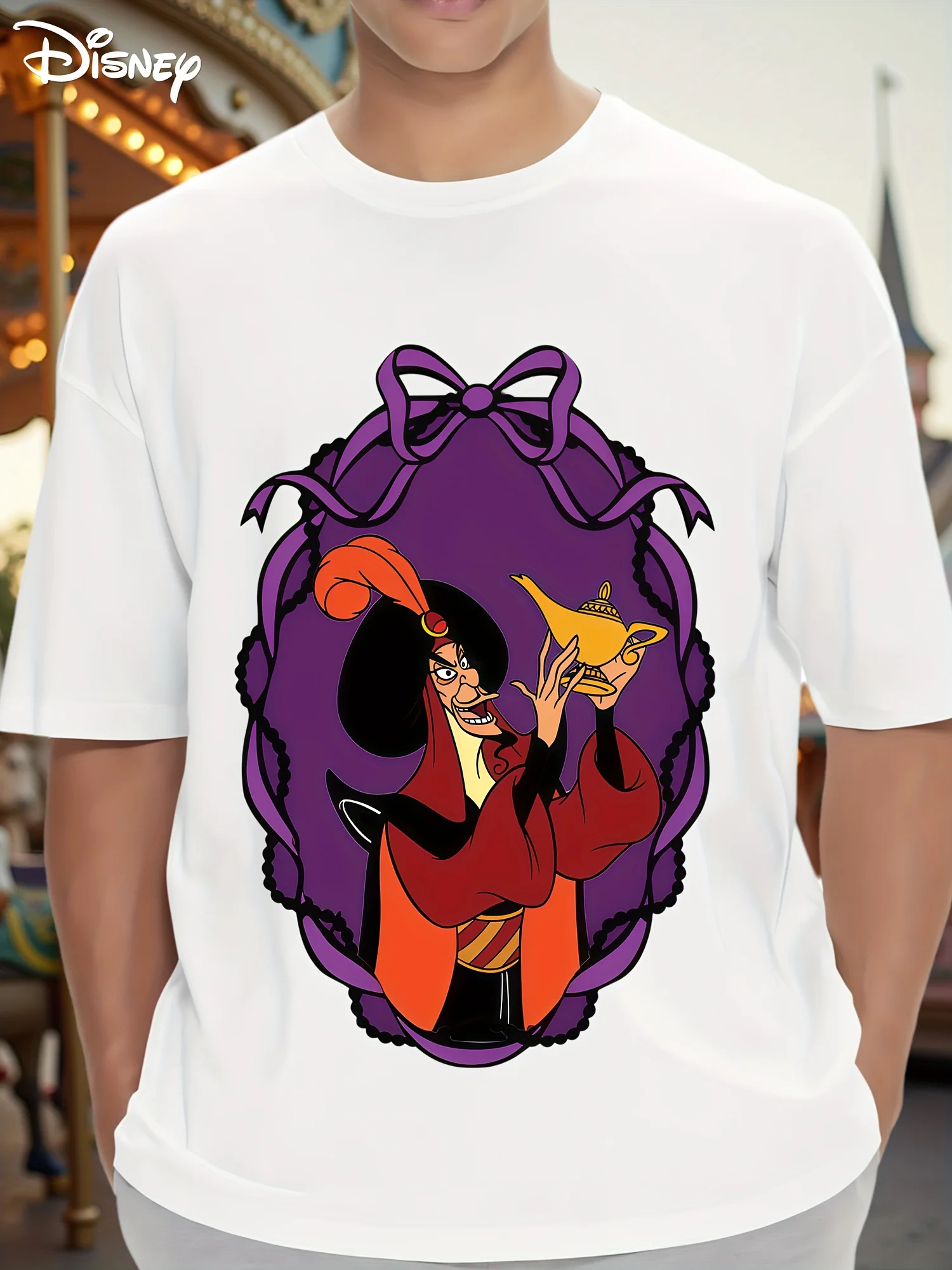 Camiseta gráfica con lámpara mágica de Aladdin Jafar de Disney, Top de tendencia a la moda para hombre y mujer, manga corta con cuello redondo para las cuatro estaciones