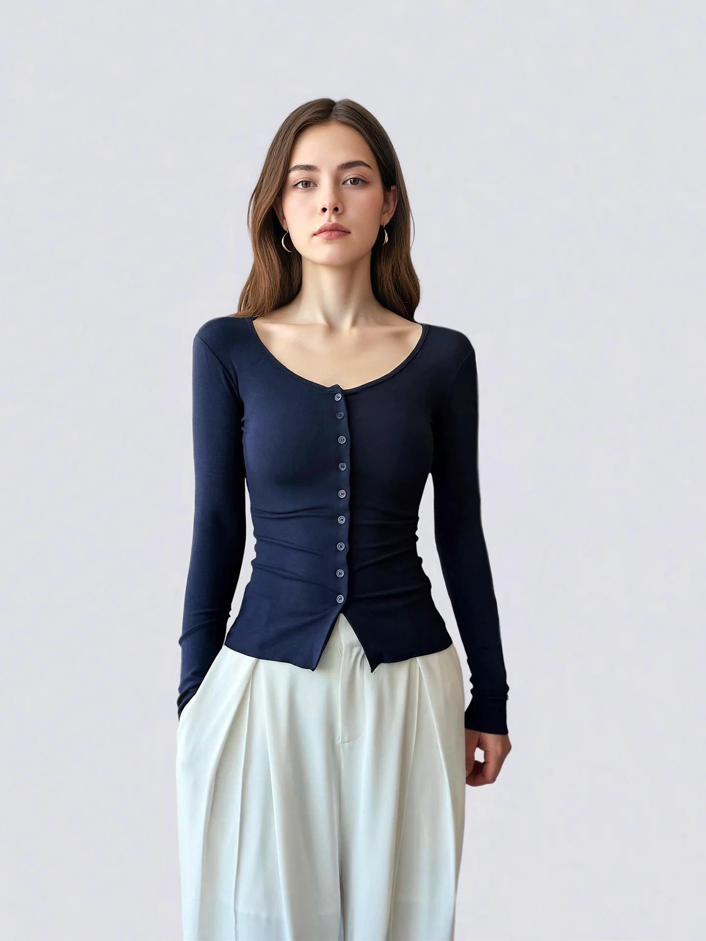 

Женская приталенная футболка AYINGJIA с длинным рукавом, круглым вырезом на пуговицах, весенняя модная базовая рубашка в корейском стиле для повседневной носки