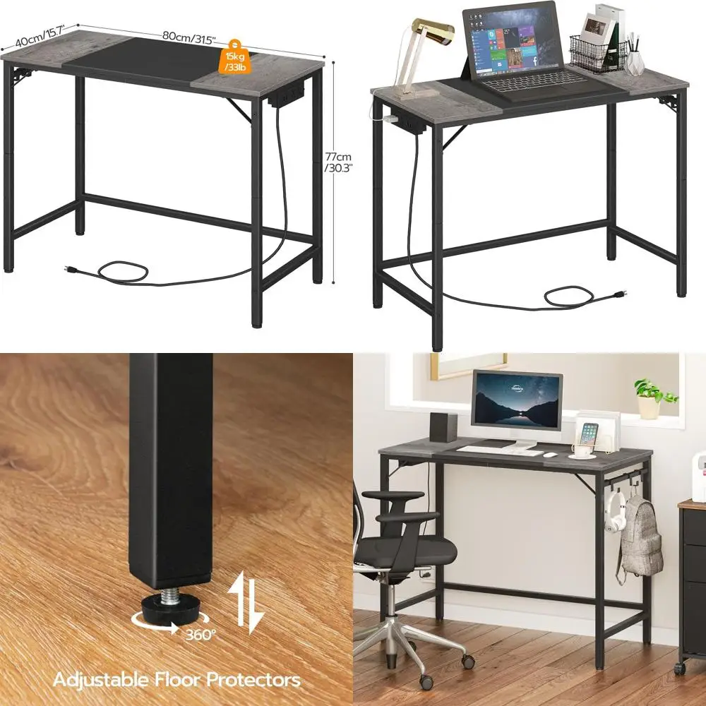 Stylish Home Office Desk with Power Outlet, 3 Hooks, Easy Assembly, Charcoal Gray and Black
