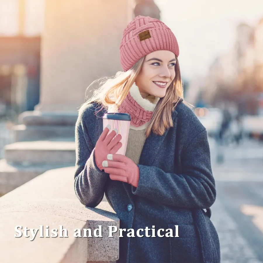 3 peças chapéu de inverno pescoço mais quente touchscreen luvas conjunto malha cachecol grosso gorro chapéus cachecóis conjunto para ao ar livre tempo frio proteger