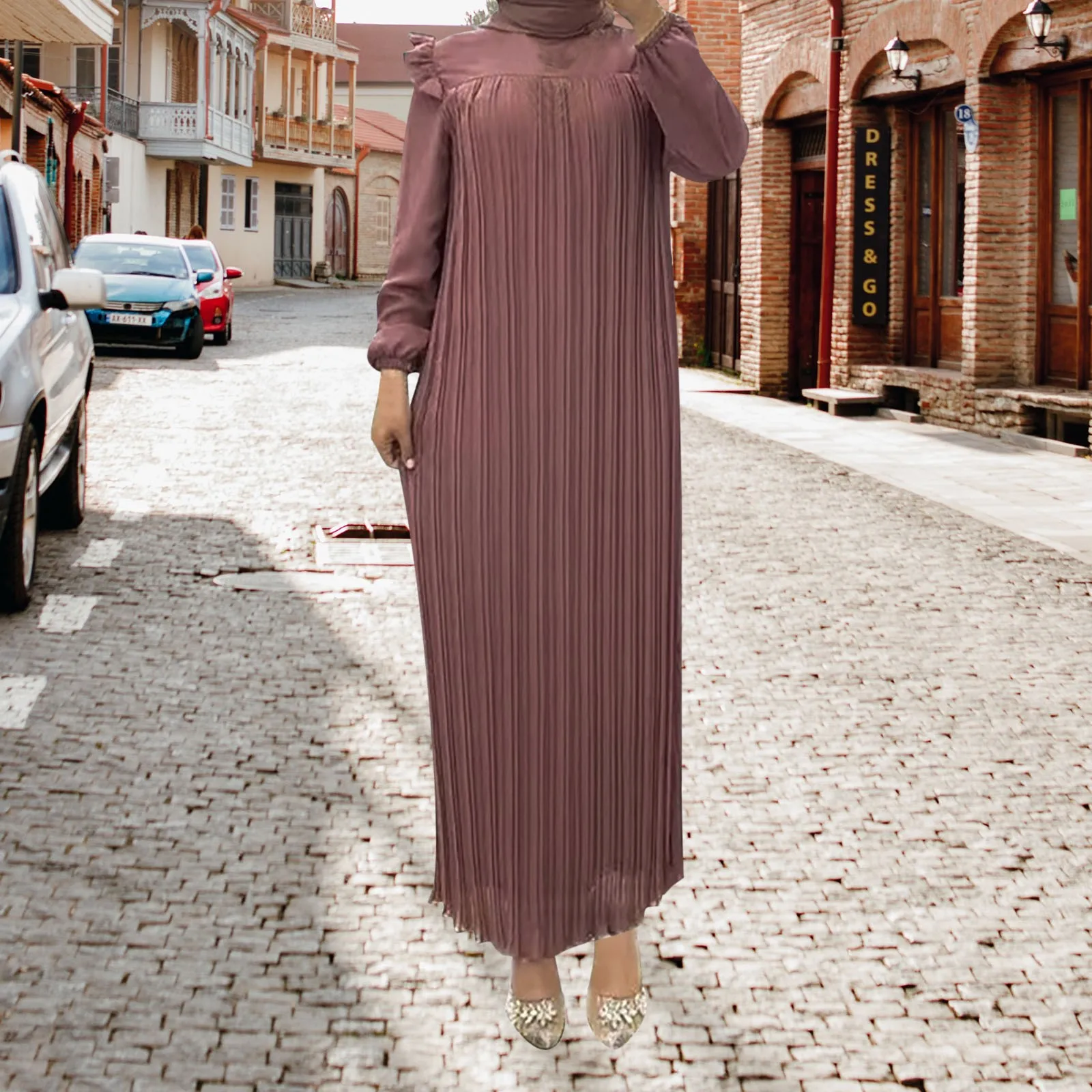 

Vintage Long Sleeve Muslim Dress With Belt Party Robe Lady Slim Fit Kaftan Maxi Vestido Casual Street Sundress Oversized