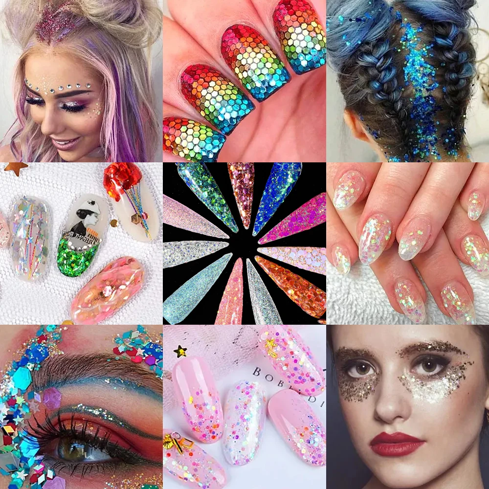 3/4/5 stuks gemengde laser zeshoek glitter nagelpoeder holografische dikke zeshoek pailletten gradiënt pigment stof set nagelaccessoires *
