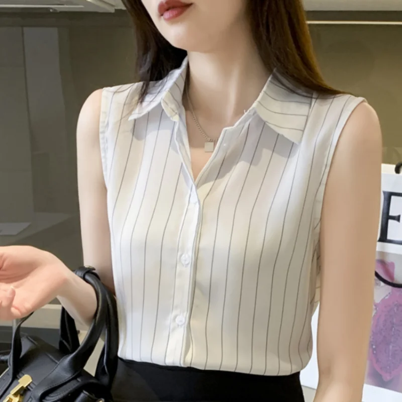 Woman Shirts V-neck Sleeveless Striped Laides Tops Chiffon Women Shirts Blouses Button Up Female Tops Fashion Clothes Woman 2024