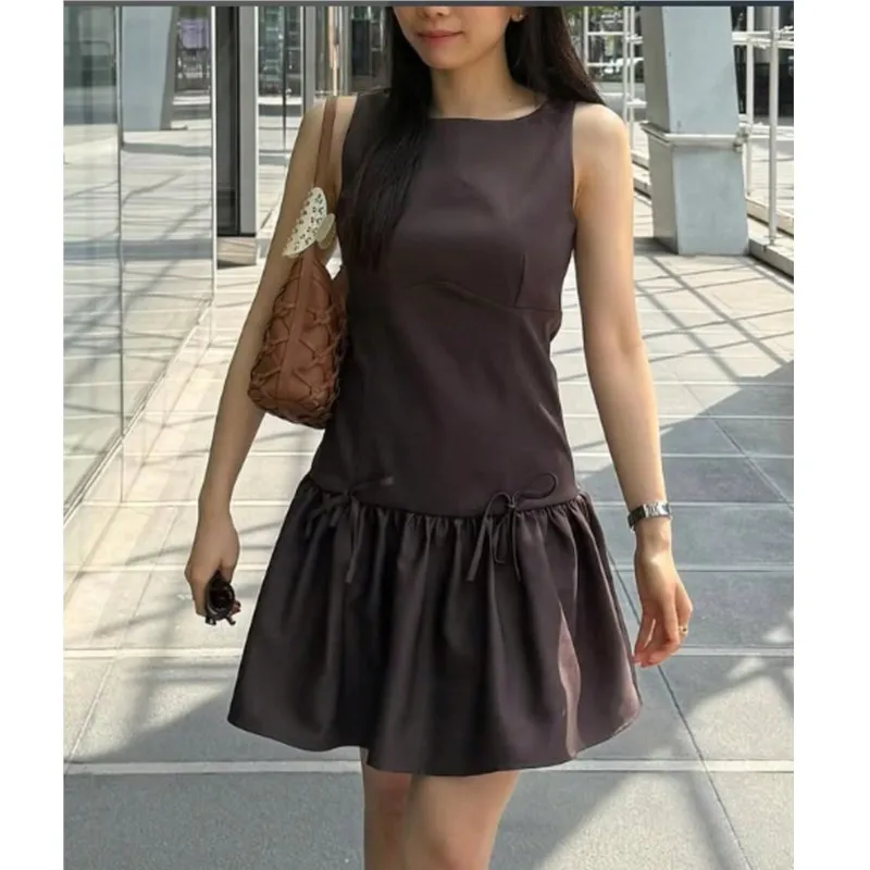 Fashion Bow Pleated Mini Dress Women Elegant Sleeveless O Neck Short Dress Female A-line High Waist Y2K Evening Party Vestidos