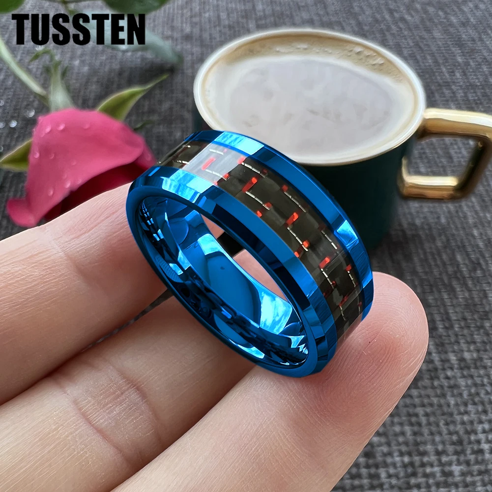 Dropshipping TUSSTEN 6/8MM Men Women Tungsten Wedding Band Black Red Carbon Fiber Inlay Shiny Bevel Edges Comfort Fit