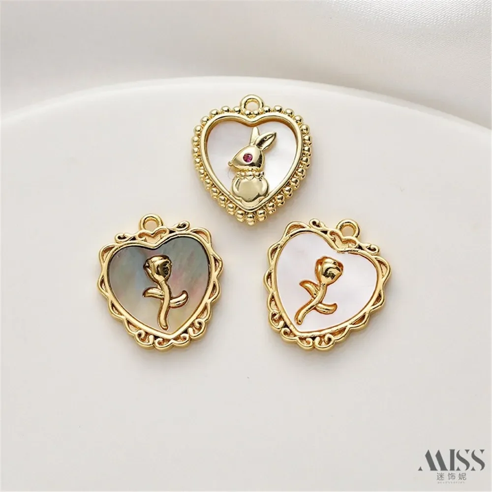18K Gold-wrapped Lace Heart-shaped Peach Heart Inlaid Shell Rose Rabbit Pendant DIY Necklace Jewelry Accessories