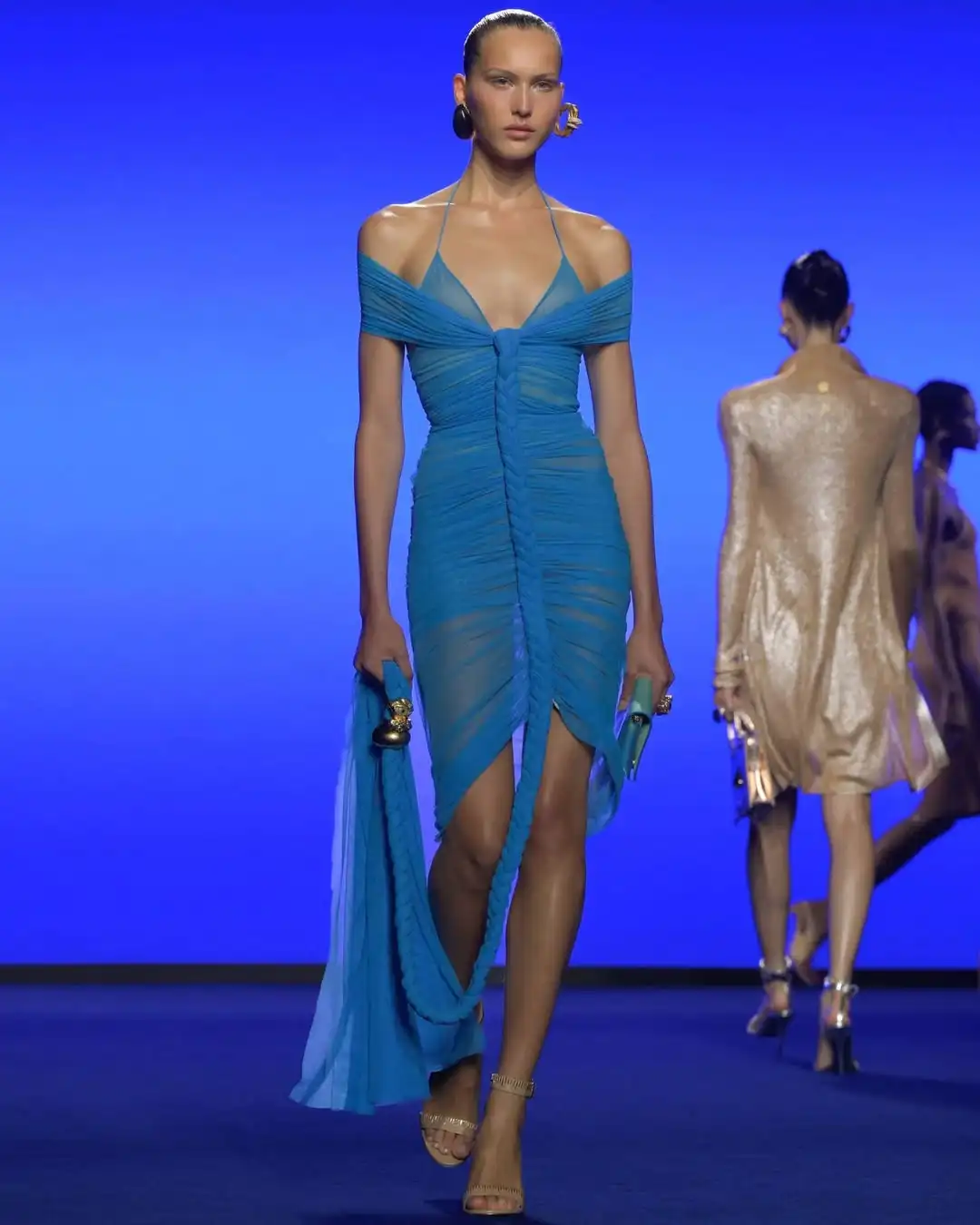 Frauen Sexy Off-Schulter Mesh Geraffte Mini Kleid Blau Halter Bodycon Party Kleid Taille Cut Out Kleid Party Geburtstag feiern Tragen