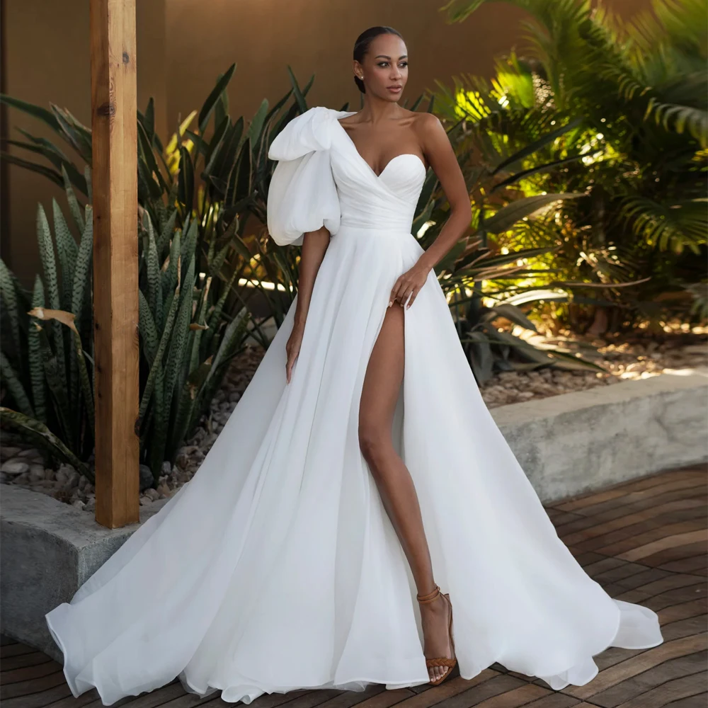 

Classic One Shoulder Wedding Dresses Sweetheart Neck Bow Bridal Growns High Slit Sleeveless Floor Length Vestidos De Novia 2024