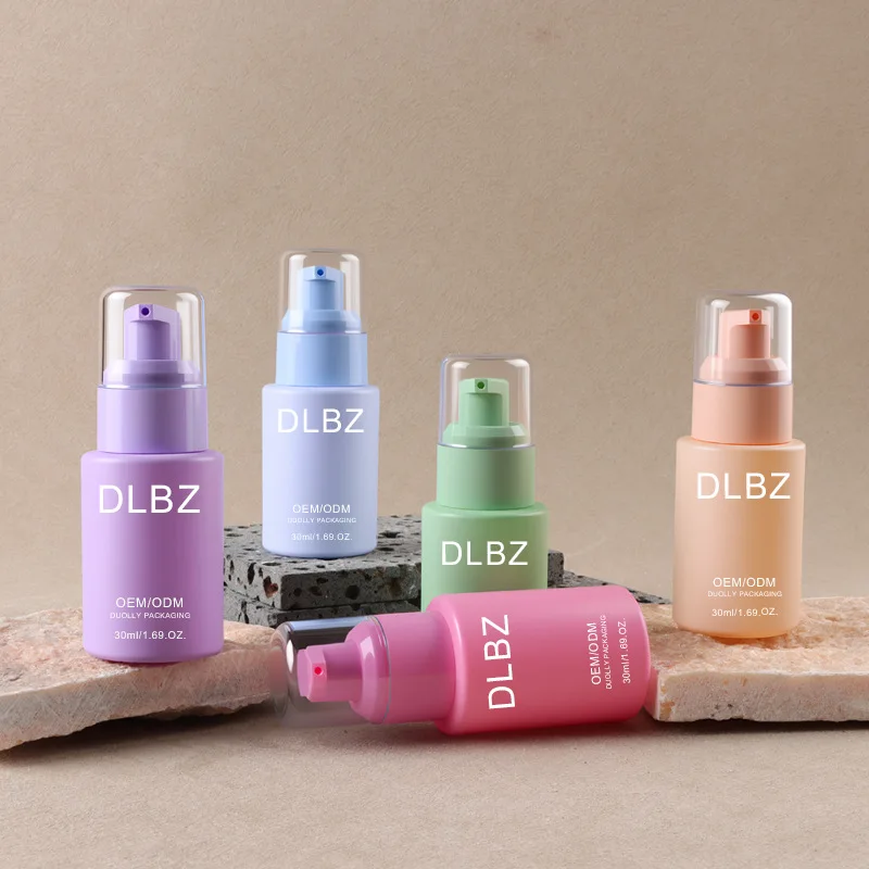 

240pcs 1 oz Macaron Color Foundation Glass Pump Bottle Cosmetic Pink Green Blue Purple Apricot Refillable Lotion Bottle 30ml