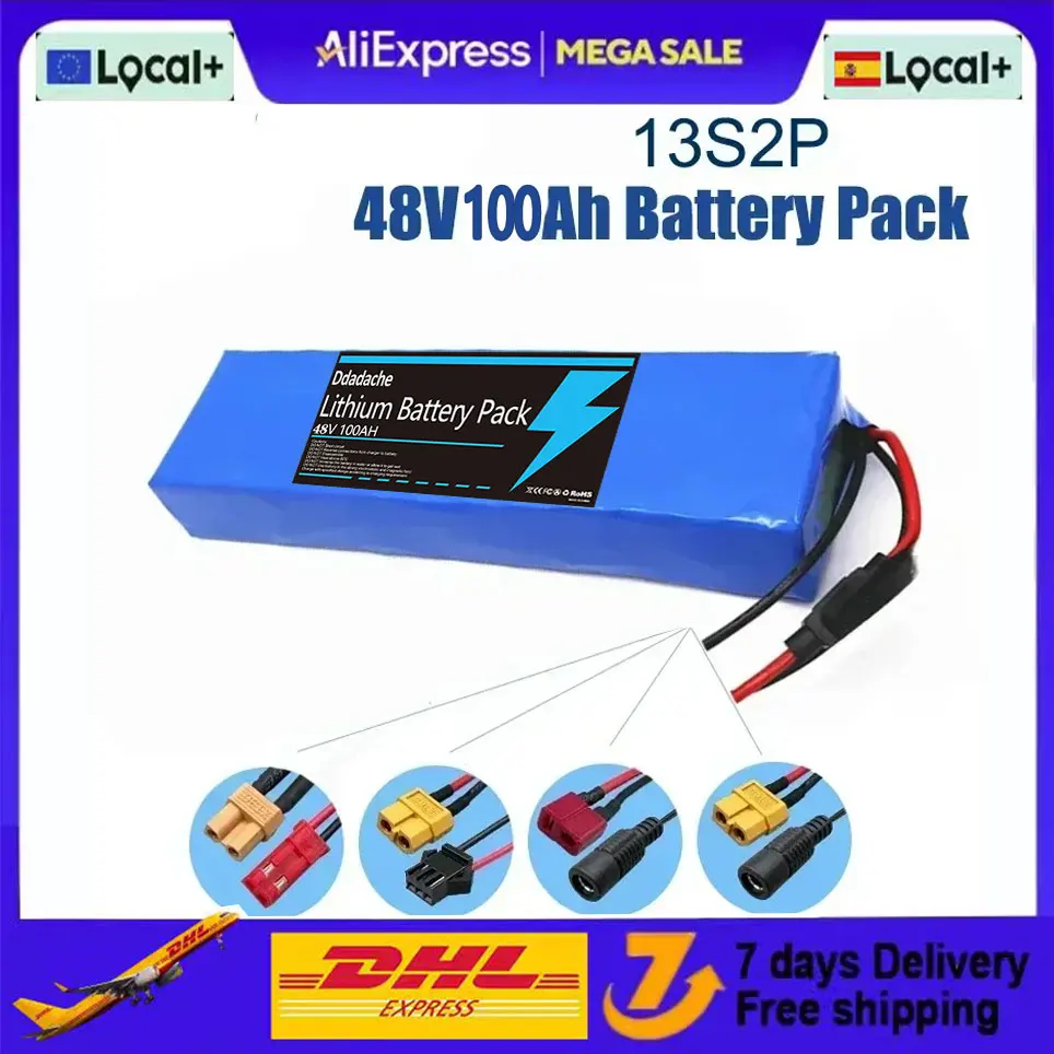 Pack de batteries lithium-ion 13S2P 48V 100000mAh 100Ah avec BMS 250W 350W 500W 750W 1000W et chargeur 54.6V gratuit