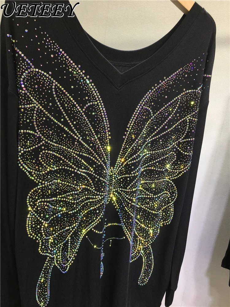 Hot Rhinestone Sweatshirt Top Ladies Luxury Butterfly V-neck Long Sleeve T-shirt Black Loose Slimming Autumn Women's Clothing