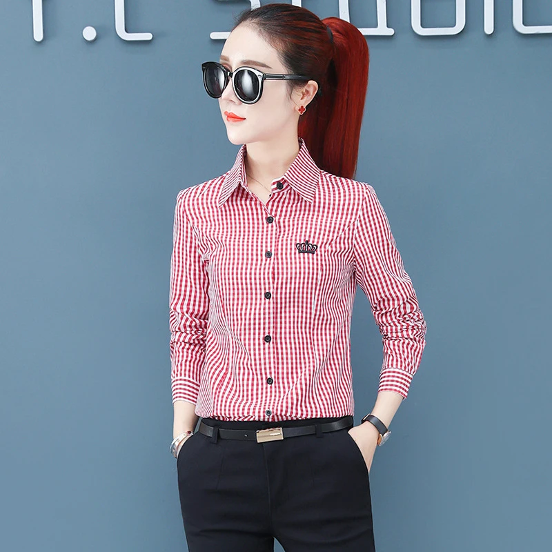 

Red Plaid Crown Embroidery Blouses Office Ladies Elegant Collared Long Sleeve Button Up Vintage Fit Shirts Top Fall Women Blouse