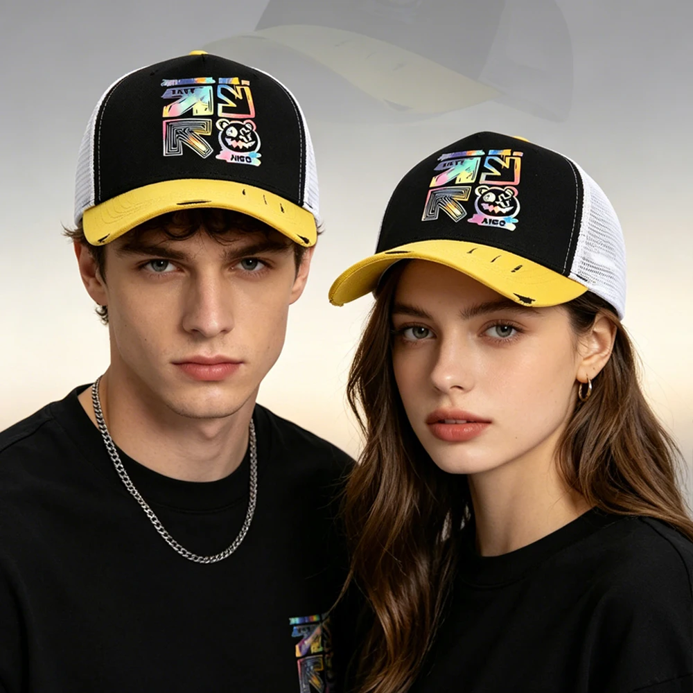 Unisex Adjustable Tear Style Baseball Cap With Graffiti Logo Pattern Print Design, Breathable Mesh, Suitable For Outdoor Sports