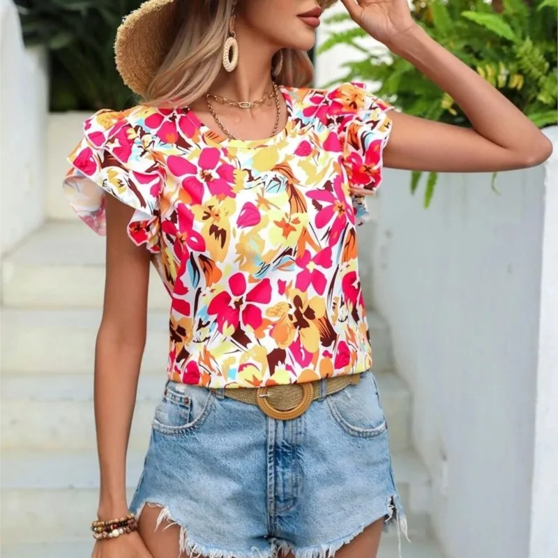 Fashion New Women's Short Sleeved Shirt Summer New Floral Print Double-layer Flying Sleeves Round Neck Pullover Ladies's Shirt