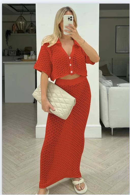 Sexy Knit Lapel Button Cardigan Skirt Suit Women Slim Short Sleeve tops Hip Package Skirts Suits Female Summer Beach Lady Sets