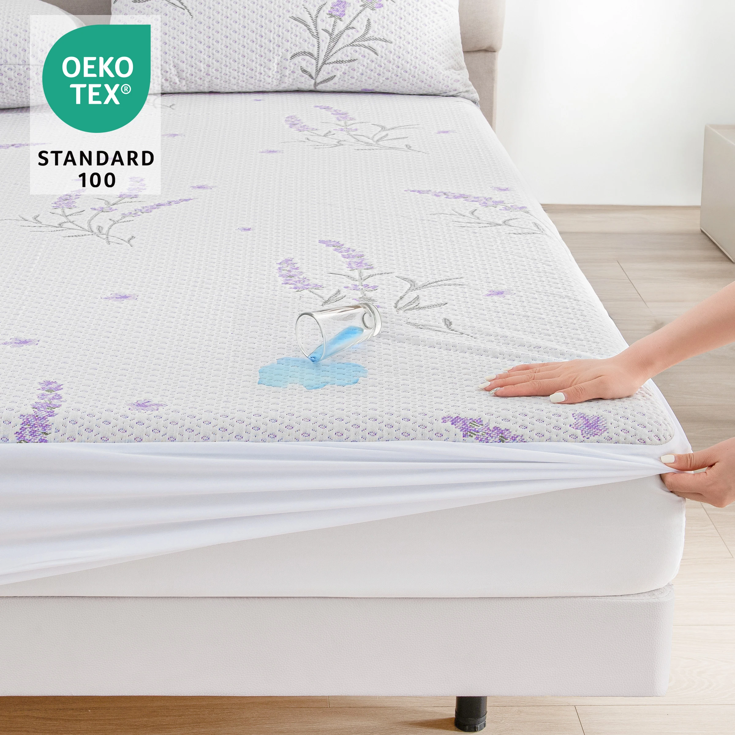 Waterproof Bamboo Fiber Mattress Protector Fitted Sheet PU Lining Stain Resistant Lavender Pattern
