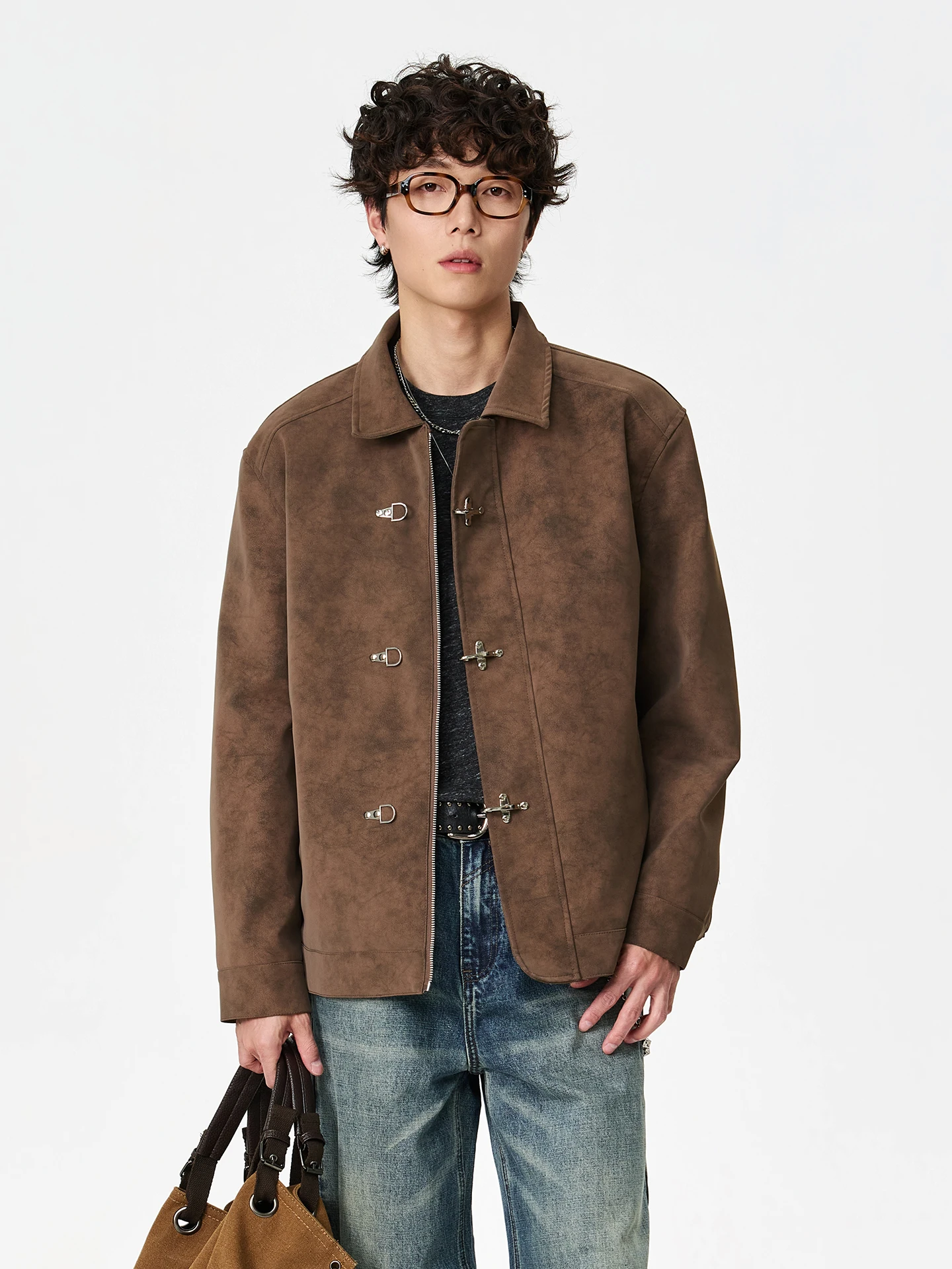 

Nted Retro Sle ort PU Leather Jaet Men's Spring New Vibe Workwear Zipper Closure Aircrt Bule Jaet Youth Faion