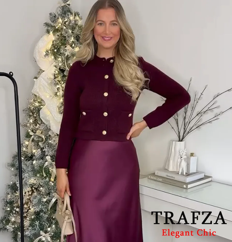 

TRAFZA Women Romantic Knitted Skirt Set Gold-tone Buttons Lapel Jacket + High Waist Skirt New In Spring 2025 Fashion Skirt Set