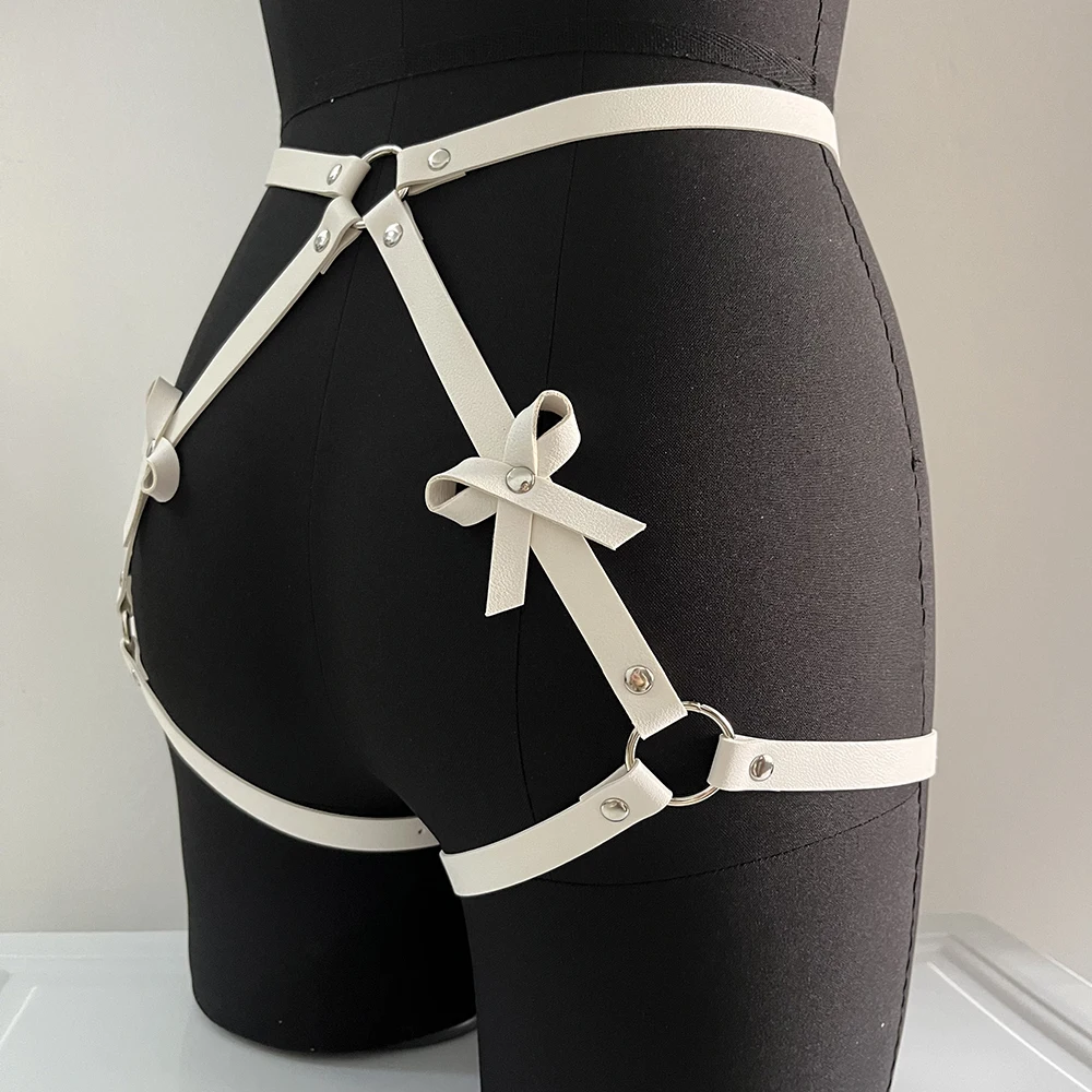 White Garter Belt Bow Thigh Garter Leather Lingerie Body Harness Bondage Suspender Sexy Harness Women Fetish Rave Accessories