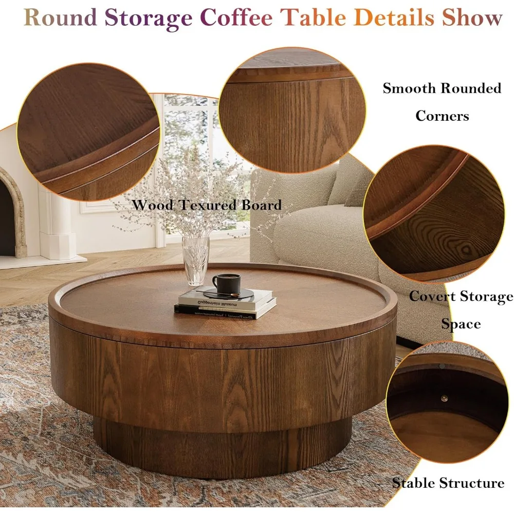 Modern 30.7 Inch Round Coffee Table with Hidden Storage, Mid-Century Style Solid Wood Living Room Table