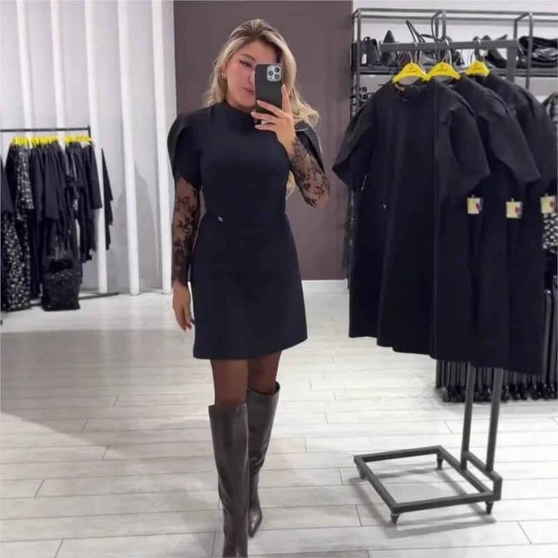 Vestido Elegante com Renda em Camadas, Modelo A, Primavera Verão 2026, Cintura Alta, Gola Semi-Alta, Vestido Mini para Mulheres, Manga Bufante, Vestido de Festa Preto