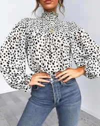 Women's Urban Blouses 2025 Autumn Winter Latest Leopard Print High Neck Lantern Long Sleeve Tied Detail Shirt Loose Casual Tops