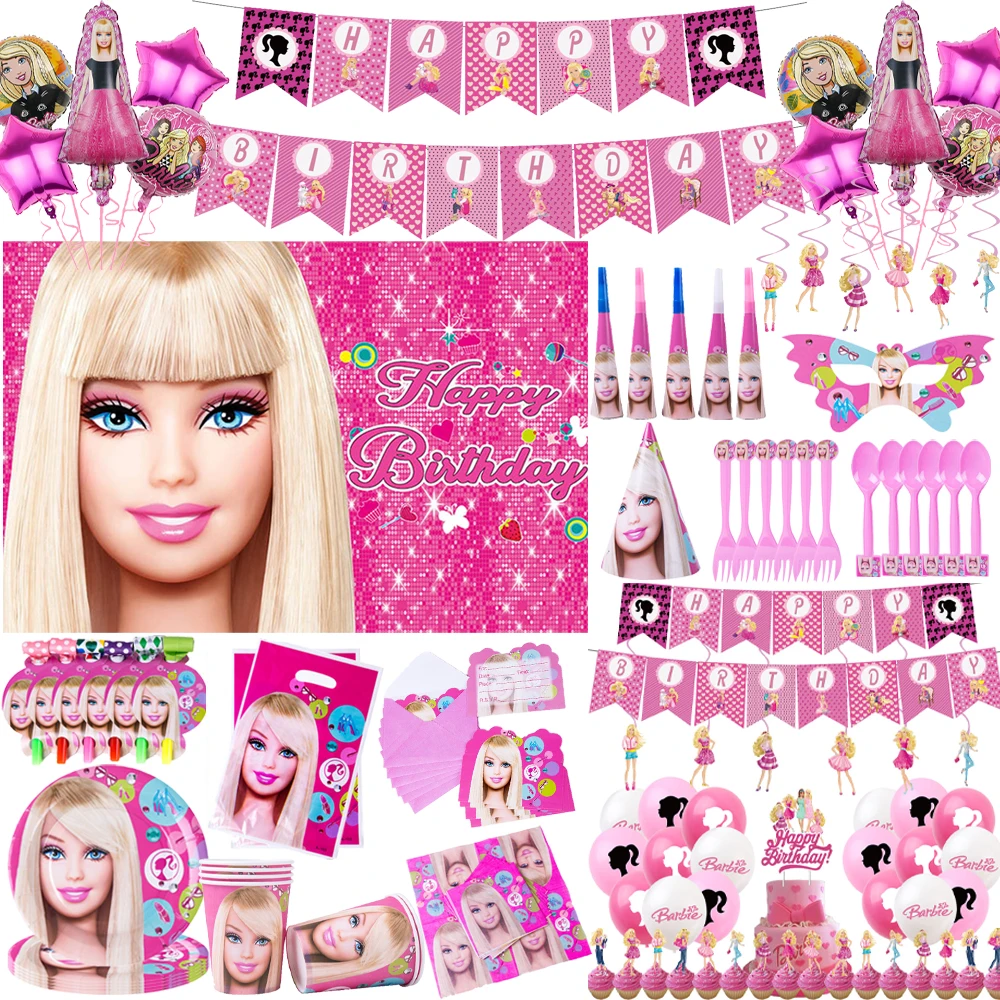 

MINISO Barbie Birthday Party Decoration Tableware Paper Cup Plate Napkins Tablecloth Balloon Girls Princess Baby Shower Supplies