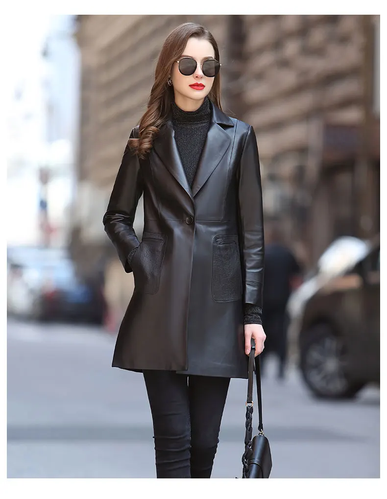 

2023 Haining Genuine Leather Coat New Women's Spring and Autumn Slim Fit Mid length Suit Large Sheepskin Suit