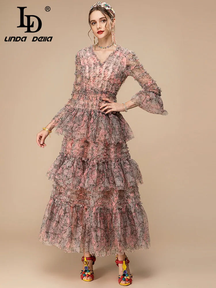 LD LINDA DELLA 2023 Summer Runway Fashion Party Dress Women Flare Sleeve Ruffles Flower Print Mesh Vintage Long Dresses