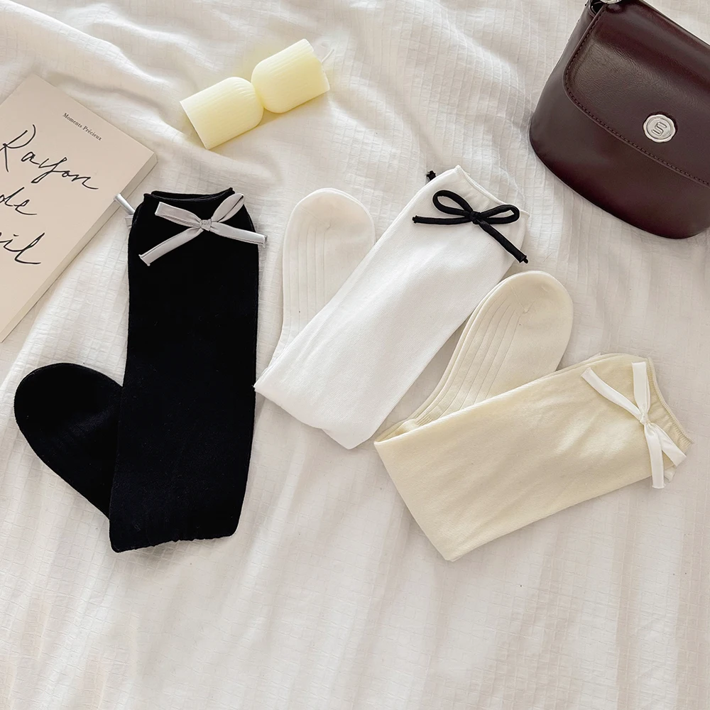 

10 Pairs Women Solid Color Stockings Bowknot Decor Knee Socks Combed Cotton Summer Lightweight Breathable Loose Socks For Female