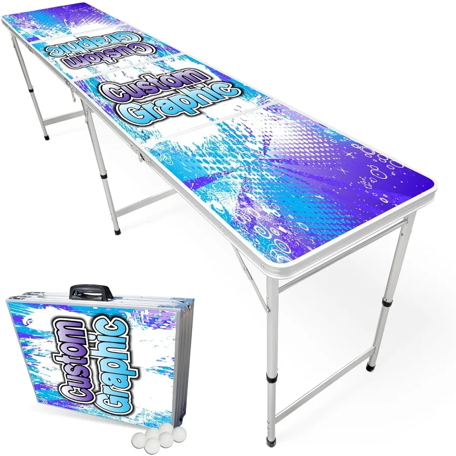 

8Foot Regulation Folding Beer Pong Table with Beer Pong Balls and Optional Cup Holes LED Lights for Home or Outdoor Party Games