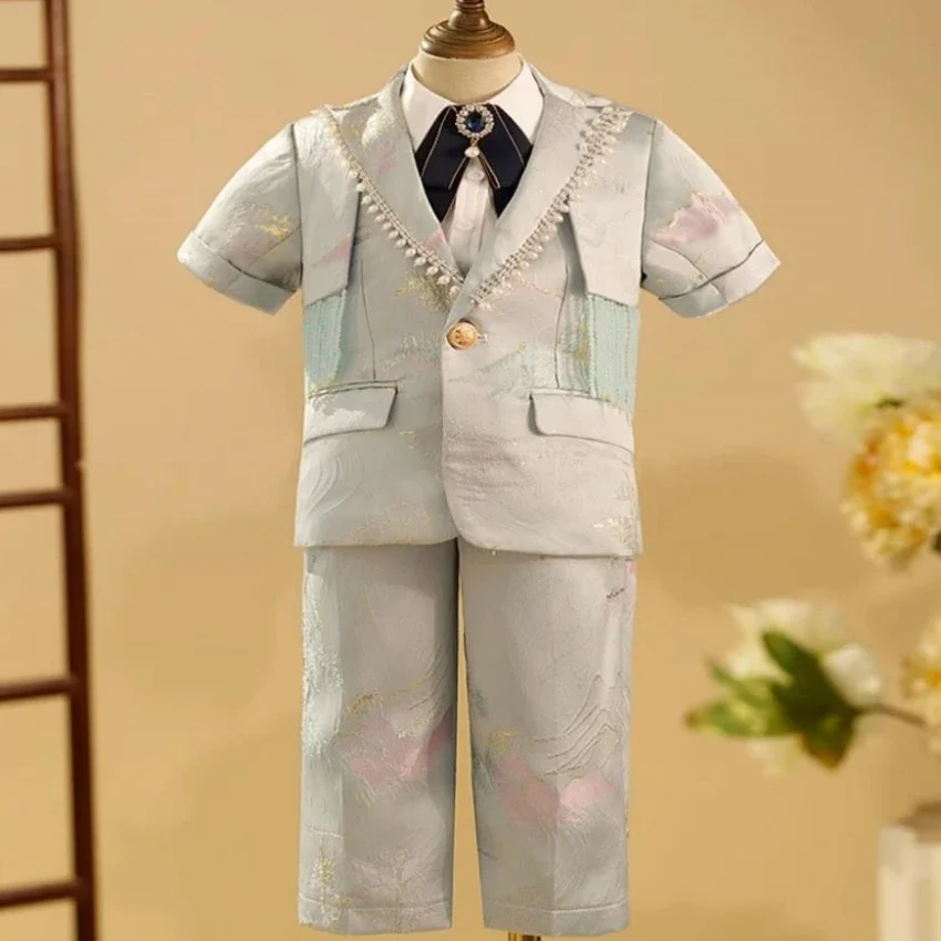 

Children's Wedding Birthday Baptism Party Evening Gown Pearl Tassel Print Design Kids Piano Performance Costume Boys Sets A2854