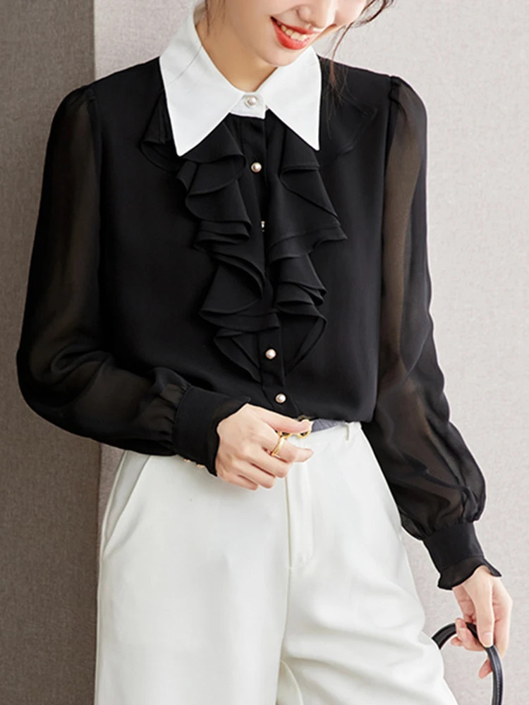 

Fashion Korean Blouse Women Design Sense Niche Chiffon Shirts Long Sleeve Ruffles Blouses Vintage Elegant Femme Tops